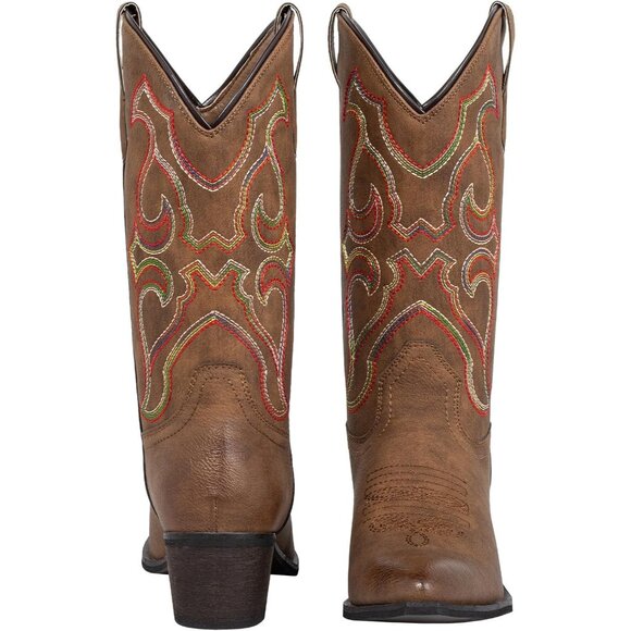SheSole Western Boots Women Brown Faux Leather Square Toe Wide Mid Calf - Picture 5 of 9